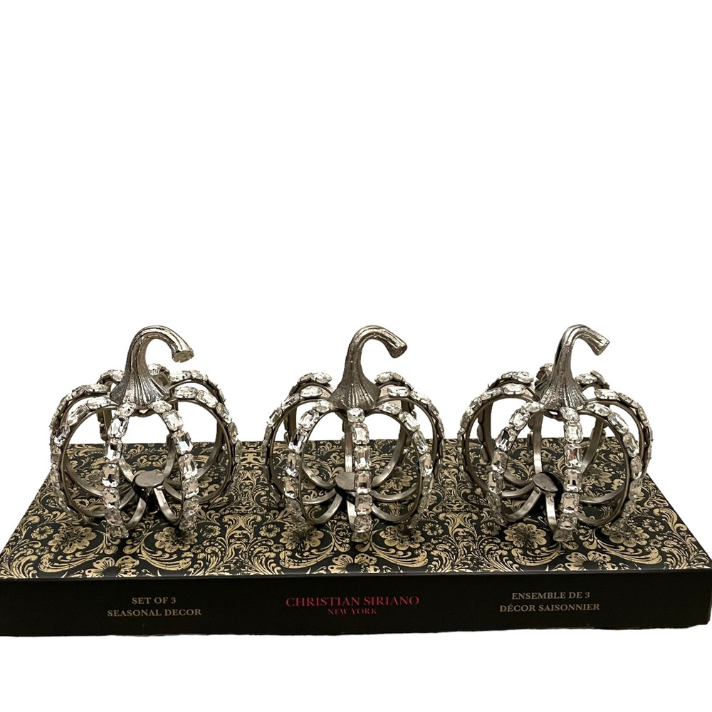 Christian Siriano Crystal Jeweled Metal Pumpkins Set of 3 Silver Halloween GLAM - Picture 6 of 13